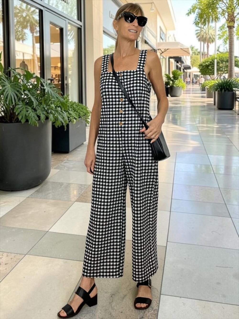 Anthropologie Maeve Gingham Button Front Jumpsuit XS Black White Wide Leg